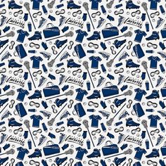 a blue and white pattern with various items on it