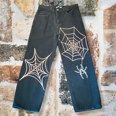 I Am Selling A Super Rare Pair Of Kenvibe Spider Web High Rise Wide Leg Black Jeans. Straight Out Of Your 90's Dreams! Excellent Condition, Never Worn. Waistband Laying Flat Measures Appx. 16", Inseam Appx. 27" And Front Rise Measures Appx. 13". Both Spider Webs Featuring 3d Stitches. Halloween Painted Jeans, Spiderweb Jeans, Painted Black Jeans, Scene Jeans, Spider Jeans, Halloween Jeans, Patchy Jeans, Paint On Clothes, Decorated Jeans