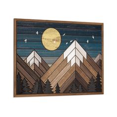 a painting with mountains and trees in the foreground is an image of a full moon