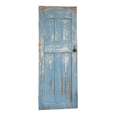 an old blue door is open on a white background