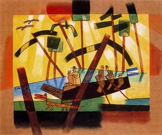 an abstract painting with many different shapes and colors, including the image of people on a boat