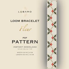 the loom bracelet pattern is shown in white and red, with an intricate design on it