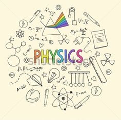 the word physics surrounded by doodles and school supplies in a circle on a beige background