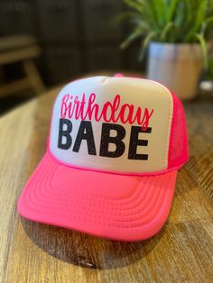 Lets get the party started with a BIRTHDAY BABE Trucker Hat! Details: 5 Panel hat with mesh back panels and an adjustable snap back. Fun Party Snapback Baseball Cap, Fun Snapback Baseball Cap For Parties, Fun Snapback Hat For Summer Party, Fun Summer Party Snapback Hat, Adjustable Snapback Hat For Summer Party, Trendy Birthday Trucker Hat, Fun Pink Trucker Hat With Flat Bill, Pink Trucker Hat For Party With Curved Brim, Party Snapback Hat With Curved Brim