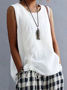 Loose Summer Plain Sleeveless Tank Top Linen Tank Top, Casual Tanks, Linen Tank, Traje Casual, Summer Linen, Modieuze Outfits, Linnet, Linen Clothes, Sleeveless Tank Top