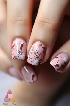 Pink summer nail art with abstract floral prints in burgundy and white - feminine and artistic hot pink nail ideas summer. Check out nailhow.com for more inspiration. Nail Ideas Summer