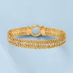 Ross-Simons - 3.00ct t. w. Cubic Zirconia Byzantine Bracelet in 18kt Gold Over Sterling. 7". A stream of 3.00 ct. t. w. CZs sparkles across this traditional, handcrafted 18kt yellow gold over sterling silver Byzantine link bracelet. Springring clasp, CZ Byzantine bracelet. CZ weights are diamond equivalents. Elegant Round Gold Filigree Bracelet, Elegant Gold Filigree Bracelet, Yellow Gold Byzantine Bracelet For Formal Occasions, Formal Yellow Gold Byzantine Bracelet, Formal Byzantine Yellow Gold Bracelets, Formal Byzantine Yellow Gold Bracelet, Byzantine Rings, Byzantine Necklace, Boot Jewelry