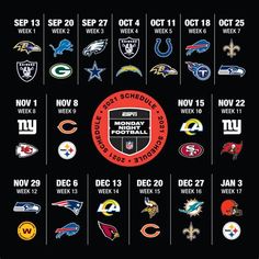 the nfl schedule is shown in black and white, with different teams on each side