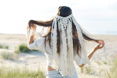 Macrame Veil made with 100% cotton rope and decorated with ribbons. Color: Cotton Ecru rope + light beige ribbons.  ✅Perfect for adding a touch of boho beauty to any summer outfit or special occasion such as weddings or photo shoots. Each veil is carefully handcrafted with high-quality materials and attention to detail, making each piece a one-of-a-kind creation.  Head circumference: aprox. 21 inches ( aprox. 52-54 cm) ✅ Estimated shipping times: United States: 2-3 weeks Europe: 1-2 weeks Canada Bohemian Headpieces For Beach Summer, Bohemian White Headband Headpiece, White Bohemian Headband, Bohemian Beach Headband, Bohemian White Headpiece For Festival, Macrame Veil, Bohemian Veils, Veil Fashion, Boho Veil