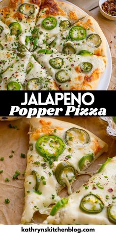 there are two slices of jalapeno popper pizza on the plate