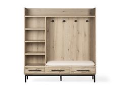 an open bookcase with two drawers and a bench