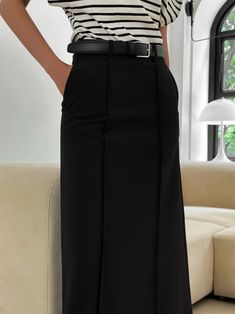 Maxi flared A-line skirt with pin tuck details at waist. Model is in MINUSEY S. ✔️ Free worldwide express shipping over $100✔️ Loved by 6,500+ customers✔️ Limited edition collections, maximum style⠀⠀⠀⠀⠀⠀⠀⠀⠀Stay ahead of the trend with can’t-find-anywhere-else staples. Your closet will thank you 💕 * MINUSEY S = EU 34, US 2* MINUSEY M = EU 38, US 6 * 88% Polyester / 12% PU Leather* Dry clean* Made in Korea - Model Height: 170cm/5'7" (US2, EU34) Belted Fitted Pleated Skirt, Fitted Belted Pleated Skirt For Work, Fitted Belted Pleated Skirt, Belted Flared Pleated Skirt For Workwear, Belted Pleated Skirt For Work, Elegant High Waist Mini Skirt With Belt Loops, Black Pleated Skirt With Belt Loops For Work, Workwear Flared Skirt With Belt Loops, Office Long Skirt With Pockets