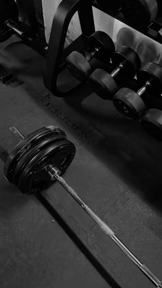 a black and white photo of a barbell in a gym with two rows of dumbs