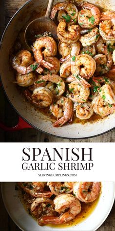 spanish garlic shrimp in a skillet with a wooden spoon