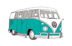 a blue and white vw bus is parked