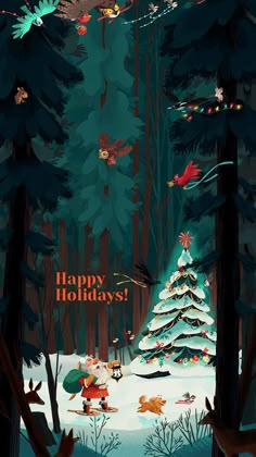 an image of a christmas tree in the woods with birds flying over it and other animals around