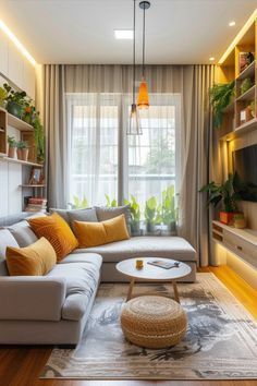 a living room filled with furniture and lots of plants on the wall above it's windows