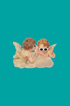 two cherubs sitting on top of a cloud with sun glasses in their eyes