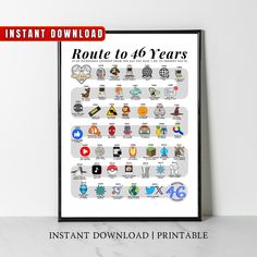 a poster with the words route to 46 years on it and an image of icons