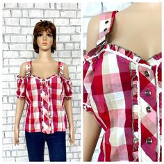 Red Gingham Shirt Gingham Dirndl Blouse Gingham Blouse dirndl top Button Up Shirt festival Blouse foll Blouse Vintage cotton shirt L Please refer to photos for details of condition.  Condition: very good vintage 64% cotton; 31%-polyester 5,% elastane  Measurements : Length: 54 cm/ 21.2" Bust: 100 cm/39.4" Waist: 93 cm/36.6" Size: 44 L note The color on the pictures may vary due to monitor settings and light reflections. Ready to ship Please do not hesitate to contact with me for any questions. T Plaid Buttoned Tops For Summer, Summer Plaid Tops With Buttons, Summer Plaid Blouse With Buttons, Gingham Summer Tops With Buttons, Plaid Tops With Button Closure For Summer, Summer Gingham Top With Button Closure, Summer Gingham Top With Buttons, Summer Plaid Button-up Blouse, Summer Gingham Button-up Tops