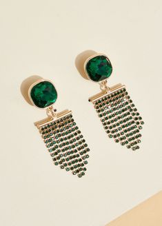 Emerald-colored crystals are ready to set your party look off with gilded fringe dangling from these earrings to add the necessary fun for an unforgettable night! Earrings Trendy, Emerald Color, Party Look, Trendy Chic, Ashley Stewart, Fringe Earrings, Party Looks, Chain Earrings, Color Crystal