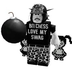 a black and white photo of a lego figure holding an ornament with the words love my swag written on it