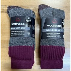 Wolverine Women's Wool Boot Socks, Lot Of 2 Packs Color: Maroon/Gray Size: Medium (Fits Women's Shoe Size 6-9) Condition: New In Package Each Pack Includes 2 Pairs. This Lot Of 2 Packs Includes 4 Pairs Total. Boot Socks, Hosiery, Merino Wool, Wool Blend, Socks, Size 6, Women Accessories, Size Medium, Women Shoes