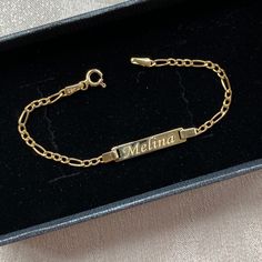 ✨14K Gold Baby Bracelet, Baby Girl and Boy Gold Bracelet, Gold Baby ID Bracelet, Gift for 1 Year Old, Child Bracelet, Custom Child Bracelet✨ Material: Solid Gold (Not Gold Filled or Gold Plated) Karat: 14K (real gold stamp 585)  Gold Color: Yellow Gold ⭐️Approximate weight : 3.00 gram ✅Available in yellow gold, rose gold or white gold options 🎁You can give it directly as a gift to your lover, girlfriend, colleague, good friend,or yourself! Or just give the most special person in your life as a Personalized Gold Rosary Bracelet As Gift, Adjustable Nameplate Chain Bracelet, Rectangular Engraved Gold Bracelet Gift, Personalized Yellow Gold Rectangular Name Bracelet, Personalized Rectangular Yellow Gold Name Bracelet, Personalized Gold Chain Bracelet For Birthday, Handmade Adjustable Yellow Gold Name Bracelet, Yellow Gold Rectangular Name Bracelet As Gift, Rectangular Yellow Gold Name Bracelet For Gifting