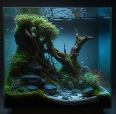 an aquarium with rocks and plants in it