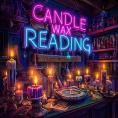 a candle wax reading with candles on the table and bookshelves in the background