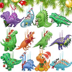 christmas ornaments with dinosaurs hanging from them