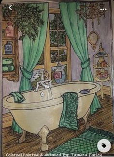 a drawing of a bathtub in a bathroom with green curtains and rugs on the floor