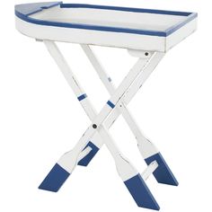 a white and blue tray sitting on top of a table