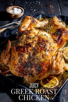 Whole Greek roast chicken on a baking tray. Mediterranean Whole Chicken, Greek Roast Chicken Recipes, European Chicken Recipes, Grecian Chicken, Roast Chicken Sides, Greek Roast Chicken, Greek Dinner Party, Greek Roasted Chicken