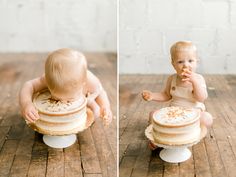 a baby sitting on top of a cake