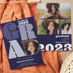 a graduation announcement with photos on it and a photo hanging from a clothes line next to an orange blanket