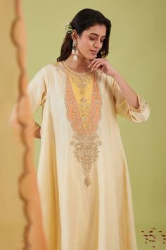 Buy White Chanderi Embroidery Gota Round Boho Bloom Yoke Anarkali Set For Women by Preeti S Kapoor Online at Aza Fashions. Festive Kurta With 3/4 Sleeve For Eid, Festive 3/4 Sleeve Kurta For Eid, Festive Maxi Length Kurta In Mulmul, Navratri Straight Kurta Anarkali Set With Resham Embroidery, Bollywood Style Slub Silk Kurta With Resham Embroidery, Navratri Resham Embroidery Straight Kurta Anarkali Set, Designer Mulmul Kurta For Eid, Anarkali Dola Silk Kurta With Resham Embroidery, Cream Palazzo Set With Straight Kurta For Festivals