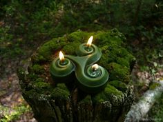 three candles sitting on top of a moss covered stump with the words, may your day be always with magic