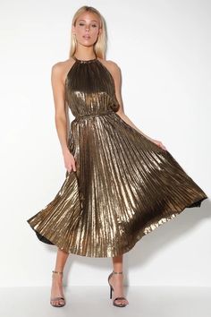 Gold Lame Dress, Gold Pleated Dress, Lame Dress, Disco Dress, Gold Lame, Eve Dresses, New Years Eve Dresses, Halter Midi Dress, 70s Dress