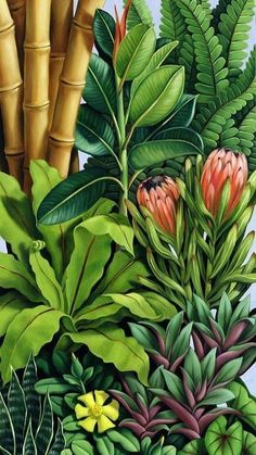 a painting of tropical plants and flowers