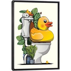 a yellow rubber duck sitting on top of a toilet next to a plant and potted plant