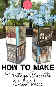 two vases with blue flowers in them and the words how to make vintage cassette