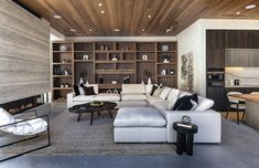 Hutton Drive 2641 Beverly Hills modern home living room with built-in bookcases that add visual texture Shelves Fireplace, Loft Style Homes, Modern Home Living Room, Indoor Outdoor Fireplaces, Fireplace Designs, Fireplace Set, Home Fireplace