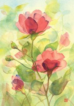 watercolor painting of pink flowers with green leaves