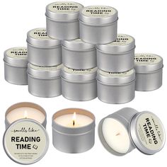 twelve tins of candles with labels on them and the words reading time written in white