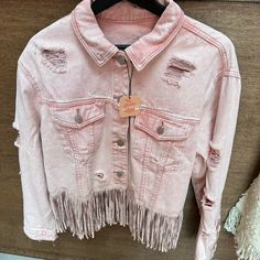 Pink Denim Jean Jacket Pink Washed Outerwear For Spring, Chic Spring Outerwear With Frayed Hem, Spring Pink Washed Outerwear, Pink Washed Outerwear For Fall, Trendy Spring Outerwear With Frayed Hem, Yellow Lace Blouse, Custom Denim Jacket, Boho Pink, Custom Denim