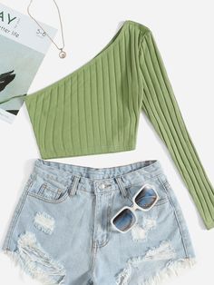 Green Casual Collar Long Sleeve Fabric Plain  Embellished Slight Stretch Spring/Summer Women Clothing 2025 Fashion, Trendy Summer Outfits, Easy Trendy Outfits, Crop Top Outfits, Simple Trendy Outfits, Cute Everyday Outfits