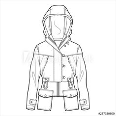 a hooded jacket with hood and pockets on the chest, front side view outline drawing