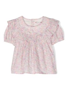 white/multicolour cotton poplin texture ruffled trim round neck rear button fastening short puff sleeves flared Kenzo Kids, Pink Floral Print, Girls Blouse, Liberty Fabric, Stella Mccartney Kids, Floral Print Blouses, Blouse White, Amelie, Girl Top