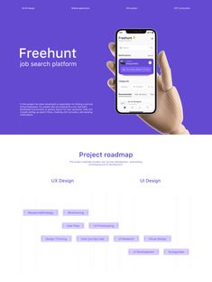 a person holding a cell phone in front of a purple and white landing page with the words project roadmap on it